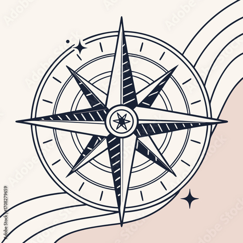 Navigational Compass Rose with Abstract Waves Illustration