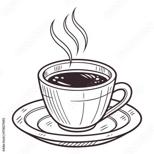 Hand-drawn vintage sketch of a steaming cup of hot coffee on a saucer