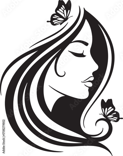 Silhouette of a Woman with Flowing Hair and Butterflies profile head