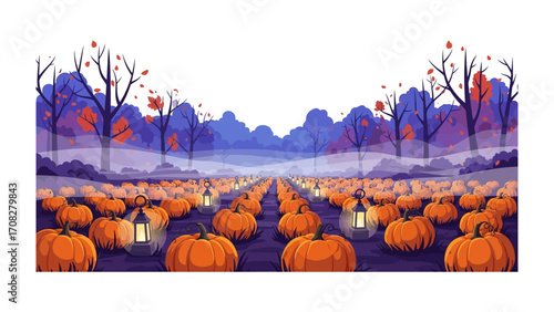 Pumpkin Patch in Autumn: A picturesque pumpkin patch in a tranquil autumnal setting, evoking feelings of warmth, anticipation, and the cozy charm of the harvest season.