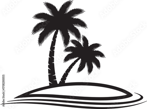 Silhouette of two palm trees on a small island with water waves tropical beach