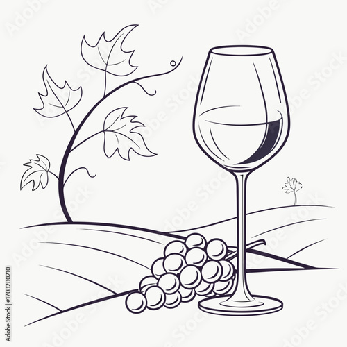 Wine Tasting in the Vineyard A Line Art Illustration of Grapes and Wine