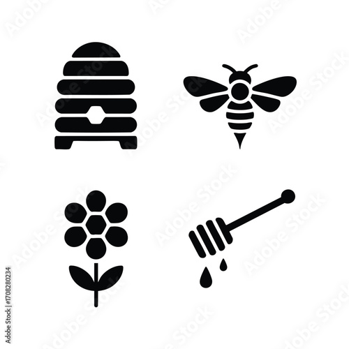 Beekeeping and pollination icon set beehive, honeybee, flower, honey dipper.