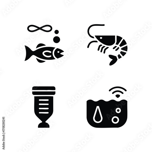 A set of 4 aquaculture tech icons fish, shrimp, smart feeder, water quality sensor.