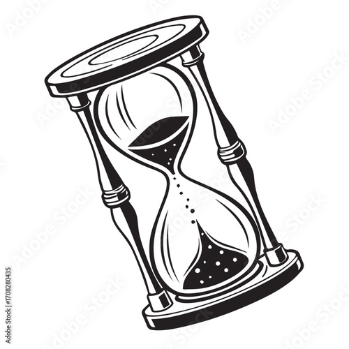 Classic hourglass with black sand flowing, isolated on white background, symbolizing time passing and urgency