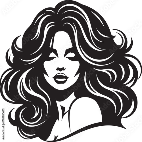 Stylized black and white illustration of a woman's face with voluminous wavy hair