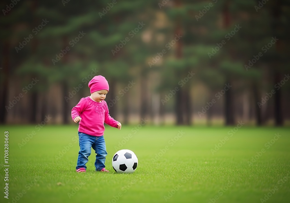 Obraz premium Adorable Toddler in Pink Playing Soccer Outdoors