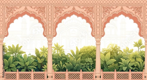 Traditional Mughal garden scene in Pichwai style featuring peacock and arches, designed for wallpaper