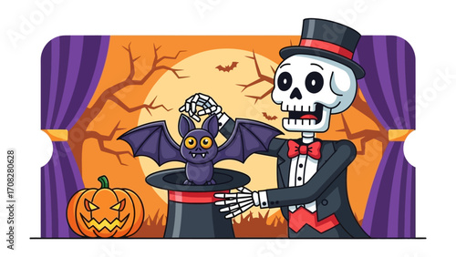 Mysterious Halloween Show: A whimsical scene unfolds as a skeleton in a classic magician's outfit performs a trick with a bat and jack-o'-lantern, against the backdrop of a spooky moonlit night. 
