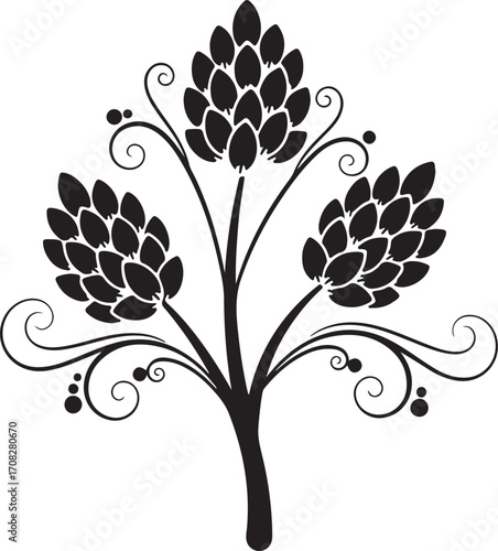 Stylized black silhouette of a plant with three cone-shaped flowers and swirling vines