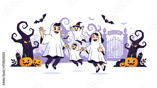 Halloween Family Fun: A cheerful family, costumed as ghosts, joyfully engages in a spooky Halloween celebration. Playful pumpkins, whimsical trees, and hovering bats add to the festive scene. 