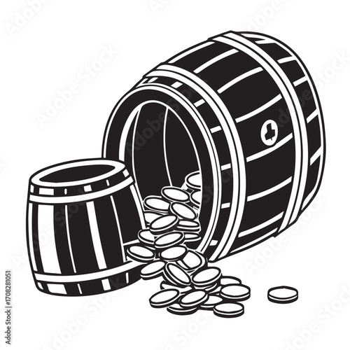 Illustration of a wooden barrel tipped over, spilling out a pile of coins onto a white background, isolated on white background