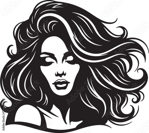 Woman with long flowing hair closed eyes black and white illustration female girl