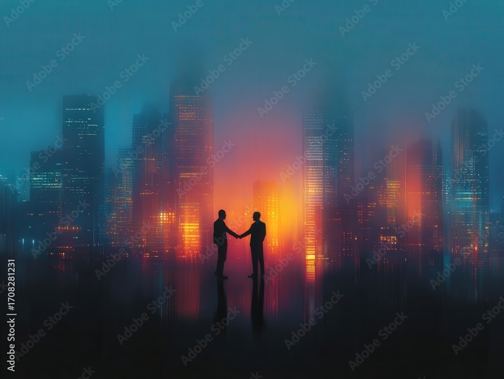 Fototapeta premium Silhouetted handshake atop a cityscape with luminous skyscrapers, dusk colors, dynamic energy