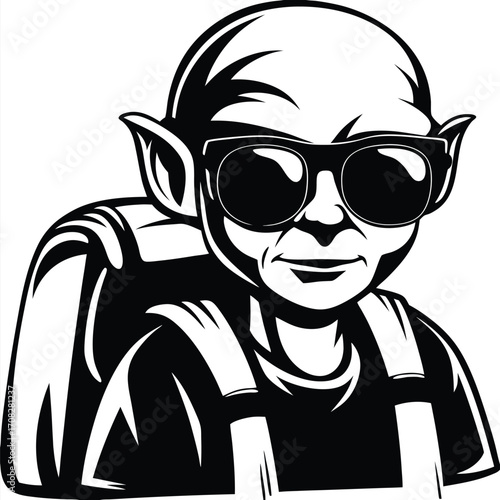 Bald cartoon man wearing sunglasses and backpack looks forward in a black and white style
