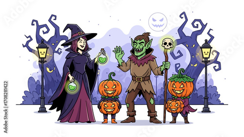 Spooky Halloween Gathering: A whimsical illustration presents a witch and goblin, pumpkins aglow, beneath eerie trees, perfect for Halloween festivities.