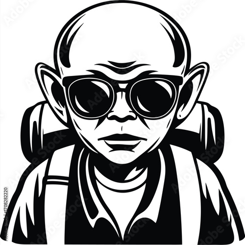 Bald adventurer with backpack wears sunglasses in this bold monochrome portrait