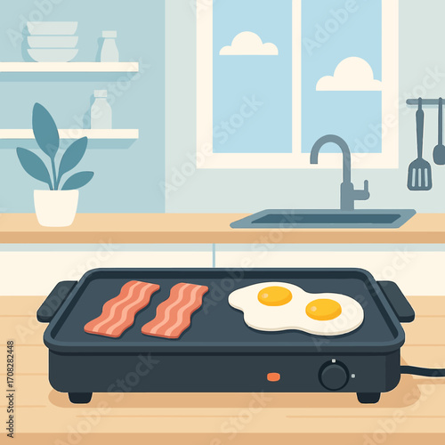 Cozy kitchen morning with bacon and eggs on griddle