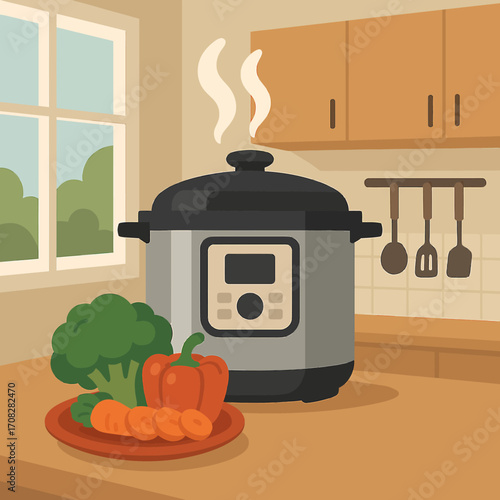 Modern kitchen appliance with vegetables on a wooden counter in a cozy home setting