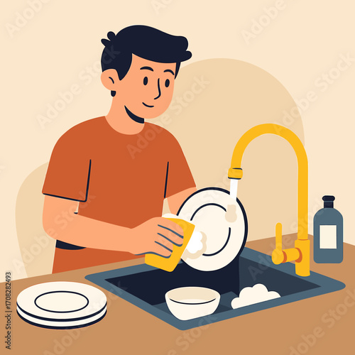 Man washing dishes in kitchen with cheerful expression