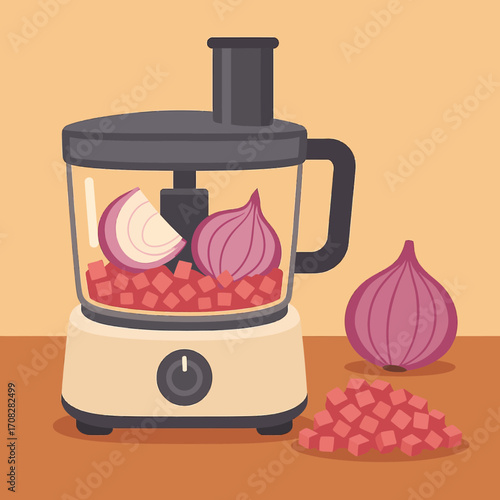 Kitchen appliance with chopped onions and food processor on table