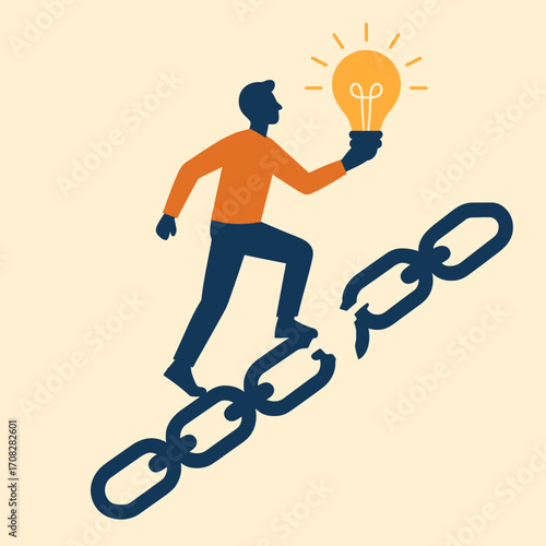 Innovative breakthrough: man escaping chains with bright idea in minimalist style