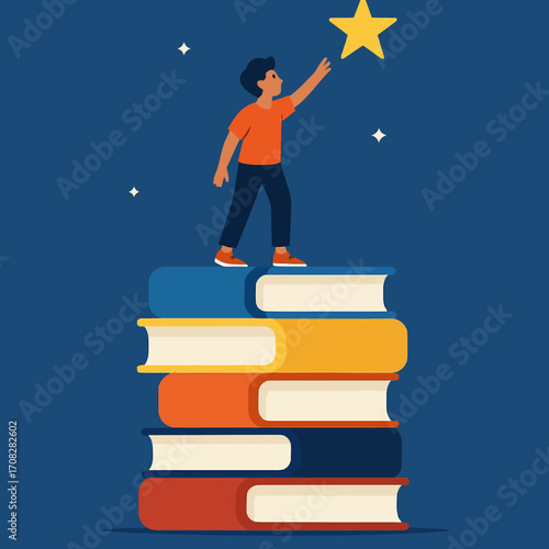 Ambitious boy reaching for a star on stack of books in flat design