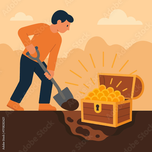 Man digging up treasure chest full of gold coins in flat style design