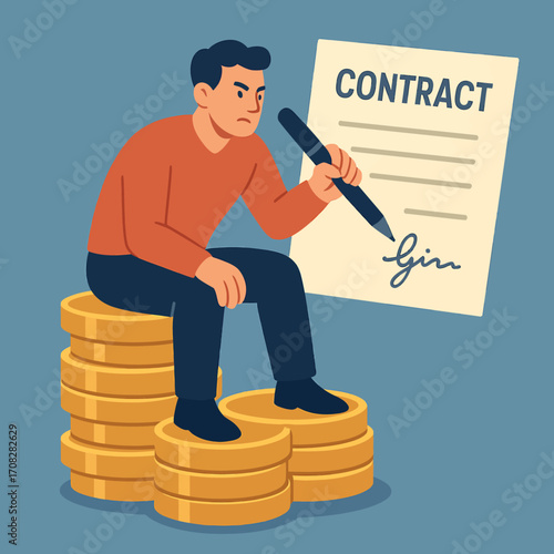 Business deal concept with person sitting on coins and signing contract
