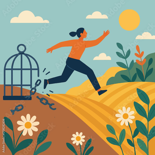 Breaking free: woman escaping towards a bright future in nature