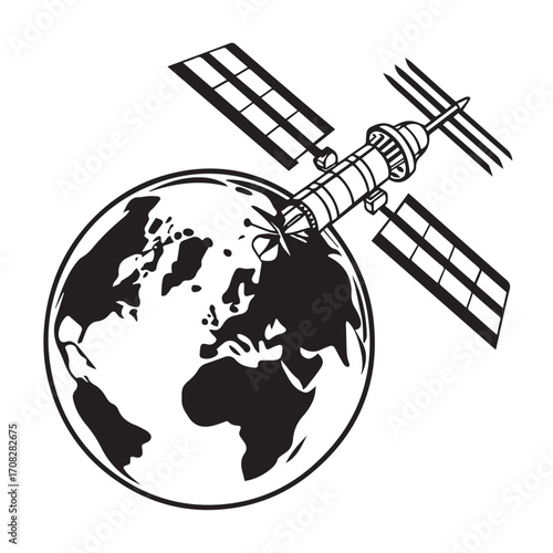 Satellite orbiting planet earth, space exploration and technology concept, isolated on white background