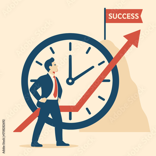 Businessman reaching success with climbing arrow and clock background