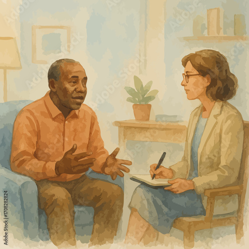 Watercolor scene of therapy session with woman taking notes
