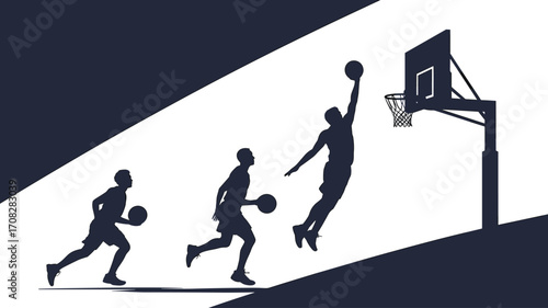 Basketball player dunking, silhouette action sequence, sports illustration with hoop, athlete progression in motion, basketball training graphic, professional dunk technique concept artBasketball p