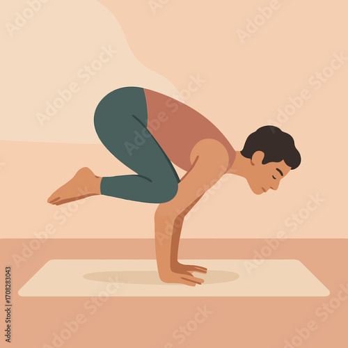 Calm balance: person practicing yoga arm balance pose in minimal flat design