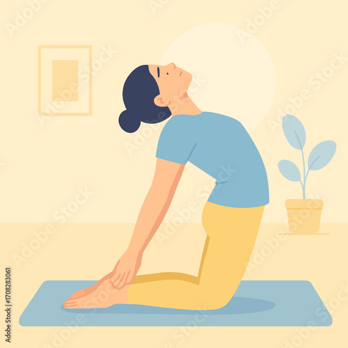 Flat yoga pose woman in relaxing home setting with soft pastel colors