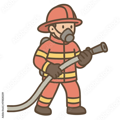 Cartoon firefighter holding hose in protective gear