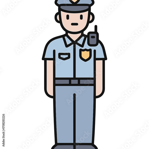 Cartoon police officer in uniform with radio on gradient background
