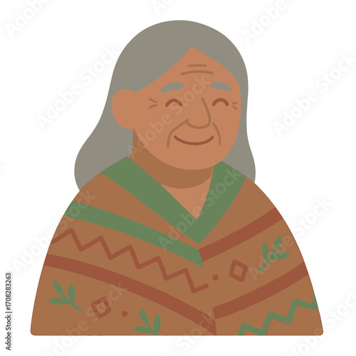 Elderly woman in traditional attire with geometric patterns and warm colors