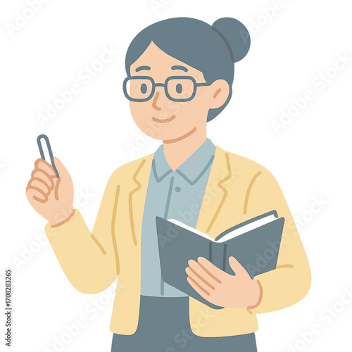 Glowing teacher holding book and pen in minimalist style