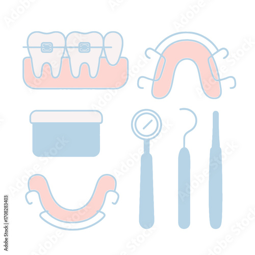 Orthodontic tools outline: braces, retainers, and dental instruments