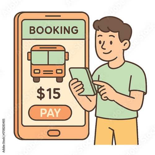 Online bus ticket booking concept with mobile app interface and user illustration