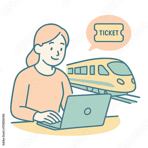 Woman booking train tickets online with laptop in soft pastel colors