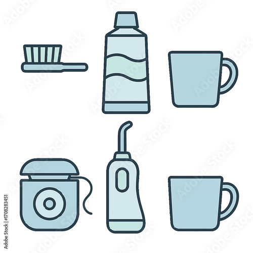 Minimalist oral hygiene icons with toothpaste and accessories on gradient background