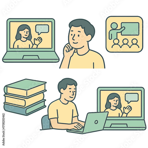 Online learning concept with cartoon style characters engaged in virtual education