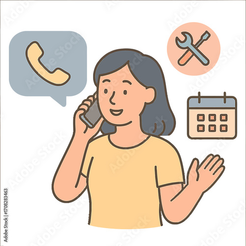 Woman discussing maintenance appointment over phone in modern outline style