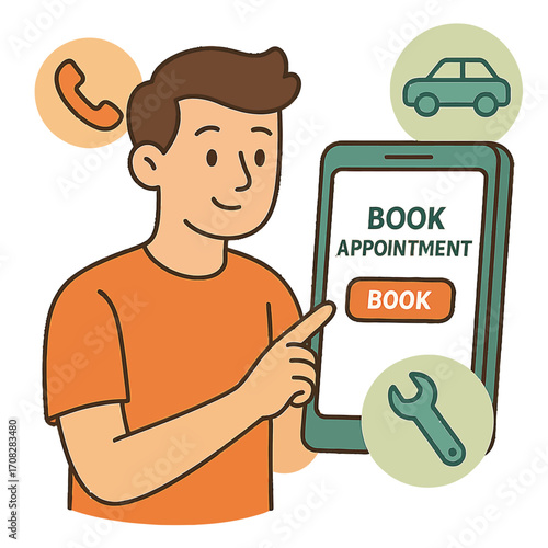 Flat design man booking car appointment online with smartphone