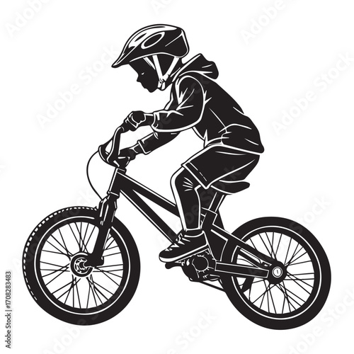 Silhouette illustration of a child wearing a helmet riding a bicycle, isolated on white background