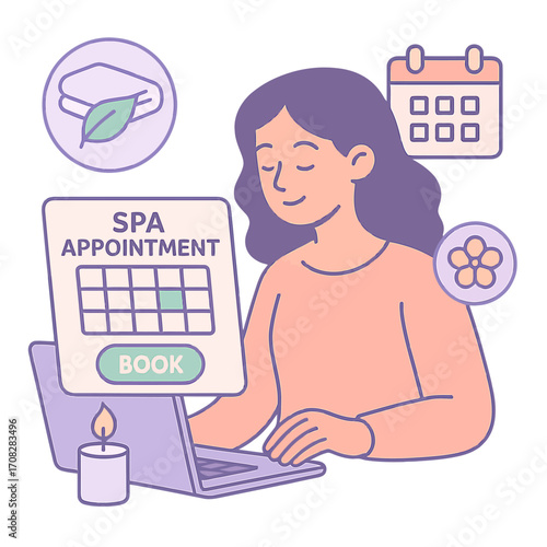 Woman booking spa appointment online in soft pastel tones