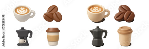 Coffee elements: cups, beans, and brewing gear